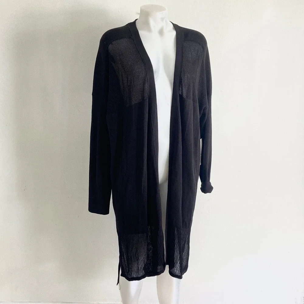 Athleta Kahala Wrap Black Open Front Mesh Cardigan XL 777968 Longline Sweater